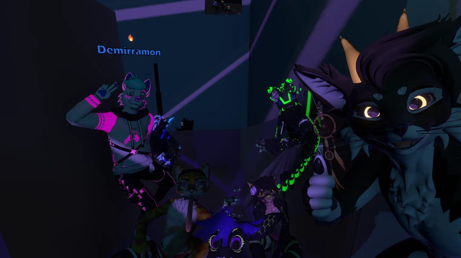 5 users standing in the entry of a club, all staring at the camera.